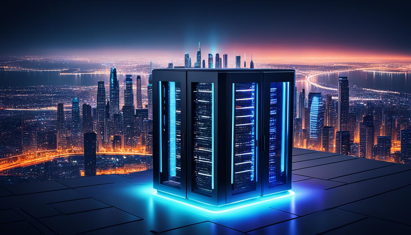 A sleek and futuristic server rack, with no visible wires or cables, hovering above a cityscape at night. The rack is surrounded by a glowing aura of light, representing the effortless and scalable nature of serverless hosting solutions.